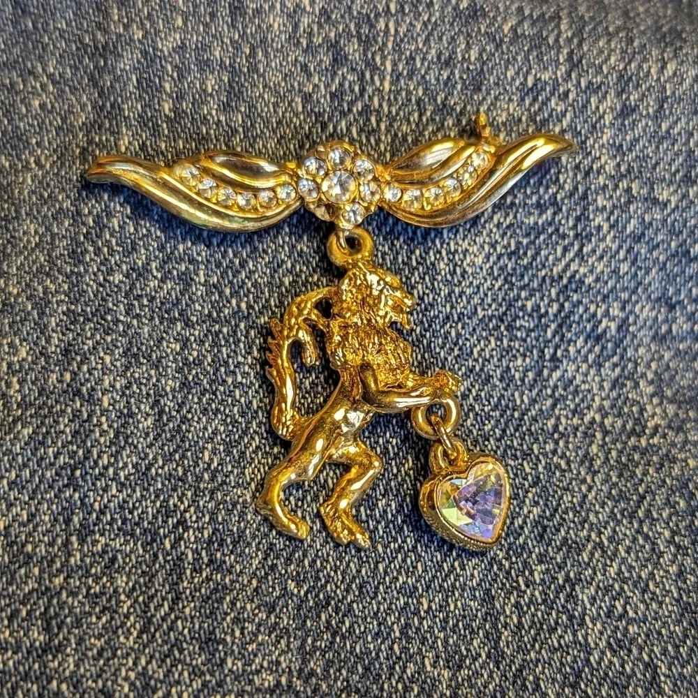 Lion Angel Gryffin pin brooch rhinestone 10k gold plated Mystical Magical Royal